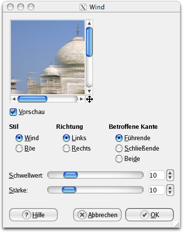 Eigenschaften für das Filter Wind